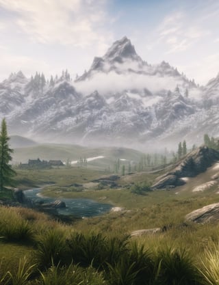 , now teeming with lush vegetation and . landscape,blurred distant mountains,skyrimlandscapes,grassland
