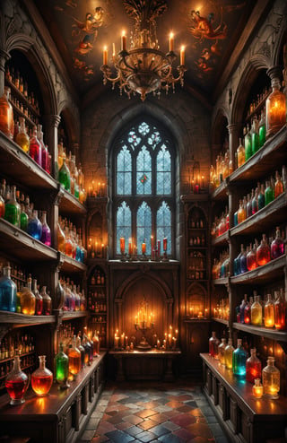 Photorealistic, Award Winning, Ultra Realistic, 8k,  potions. medieval , richly silver embroidered. Medieval atmosphere. old castle room, (many  colored potion ampoules:1.4) on the shelves. Masterpiece, ultra highly detailed, , Alluring, Amazing, Excellent, , Heavenly, Very Refined, dark golden light,digital painting,crystalz,Decora_SWstyle