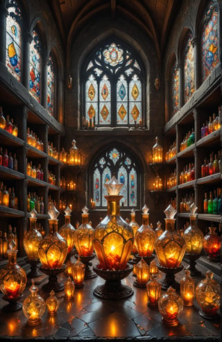 Photorealistic, Award Winning, Ultra Realistic, 8k,  potions. medieval , richly silver embroidered. Medieval atmosphere. On background we see one yellow and orange stained glasses window lighting an old castle room, (many  colored potion ampoules:1.4) on the shelves. Masterpiece, ultra highly detailed, Dynamic Poses, Alluring, Amazing, Excellent, Detailed Face, Beautiful Symmetric Eyes, Heavenly, Very Refined, dark golden light,digital painting,crystalz,Decora_SWstyle