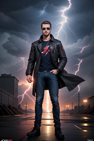 PHOTO, concept male art masterpiece, handsome dark brown haired man in coat and shirt and jeans on, holding lightning bolt, tall, combed dark brown hair, short hair, facialhair, goatee, wearing well-rendered reflective sunglasses, blue eyes,feet out of frame, looking at viewer, stylish, flat lightning bolt themed conceptual studio background, intense (ActionVFX), leica 85mm, shallow depth of field, uhd, smooth clear clean realistic professional photo image scan masterpiece, associated press, commercial image, centrefold, no crop,lantzer,dark stormy background 