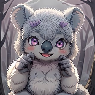 Detailed, High Definition 
 A purple background with a mist making the forest hard to see. 

A cute koala that takes up most of the image, facing the camera. the koala has two wide eyes looking intently with excitement.
