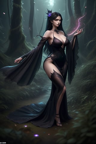 A fairy enchantress steps from the depths of a misty forest at dusk. morgana la fay, she wears a gown of black silk. she has a curvaceous figure. violet eyes, long black hair, incredibly attractive 