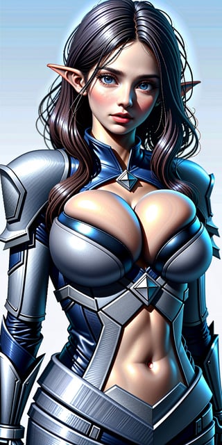 Best picture quality, high resolution, 8k, realistic, sharp focus, realistic image of elegant lady, elven beauty, supermodel, black hair, blue eyes, wearing high fantasy style skimpy armor, radiant Glow, sparkling suit, perfectly customized skimpy armor, large breasts, theme, silver custom design, 1 girl, warrior, hero
