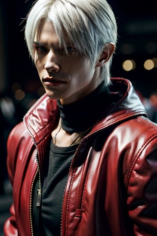 a close up of a person wearing a red jacket and a black shirt, dante from devil may cry, dante from devil may cry 2 0 0 1, son of sparda, devil may cry, v from devil may cry as an elf, dante, as a character in tekken, game cg, he's very menacing and evil,photorealistic,REALISTIC