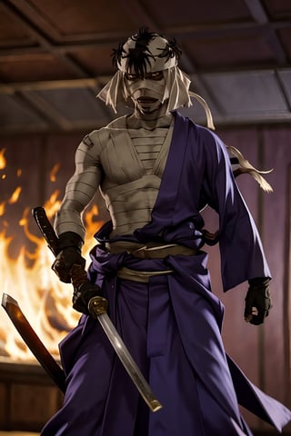 1man,  solo,  skirt, red eyes, male focus, 1katana, hakama, scar on face, purple kimono, samurai, Design amazing postereatures kenshin as the protagonist "Rurouni Kenshin" In the heat of the moment. Capture the essence of his burning determination and indomitable spirit,For he unleashed his anger on his enemies. Perfect Action, katana in the hand, Keep it short, Bold, And strongly the raw power of Shishio's anger, dramatic angle camera,masterpiece,photorealistic