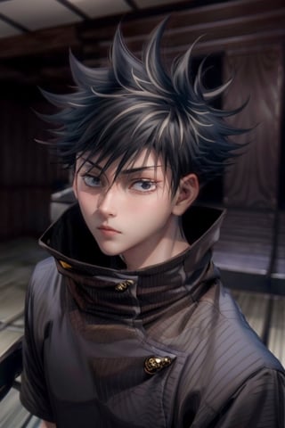 1boy 100% male_focus , solo , spiked_hair , frown , closed_mouth , black_eyes , black_hair , looking_at_viewer , face , blurry_background , v-shaped_eyebrows , close-up , bangs,fushiguro megumi, chibi