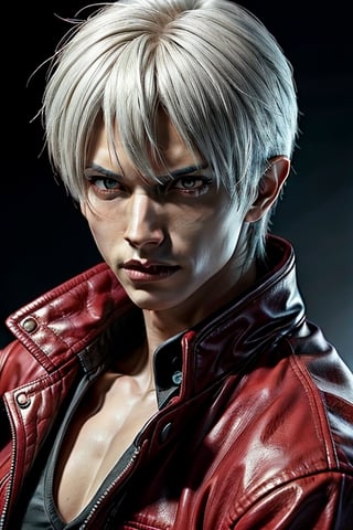 a close up of a person wearing a red jacket and a black shirt, dante from devil may cry, dante from devil may cry 2 0 0 1, son of sparda, devil may cry, v from devil may cry as an elf, dante, as a character in tekken, game cg, he's very menacing and evil
