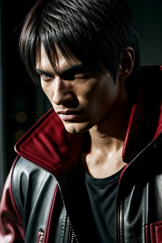a close up of a person wearing a red jacket and a black shirt, dante from devil may cry, dante from devil may cry 2 0 0 1, son of sparda, devil may cry, v from devil may cry as an elf, dante, as a character in tekken, game cg, he's very menacing and evil,photorealistic