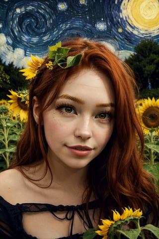Beautiful woman, red hair, sunflower field, amber eyes, 8k, best quality, (van gogh, starry night background), detailed hair, detailed eyes