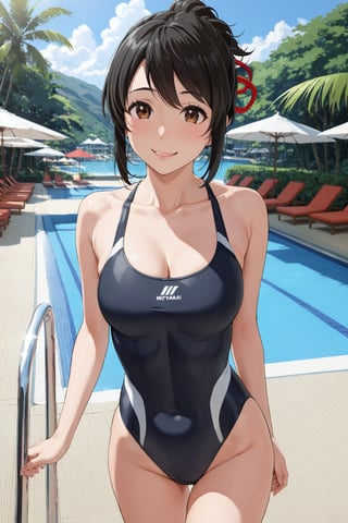 ((  high-neck)  competition Swimsuit : 1.1 )  ,  walking ,  On the pool side , in resort , smile , in public  , ( masterpiece , ultra Detailed       ) , 
mitsuhaai , 
miyamizu mitsuha, black hair, brown eyes, 
