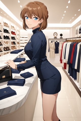enjoy shopping ,  selecting , picking up a nice good ,  chic  ,   ( feeling good , delighted   : 1.0) ,    in luxury shop    ,   side view,   ( masterpiece , ultra Detailed , ultra Detaild Clothing    )     ,   
shellyai , miyano shiho  , 
brown hair, hair between eyes,  blue eyes, shiny hair,  short hair, 