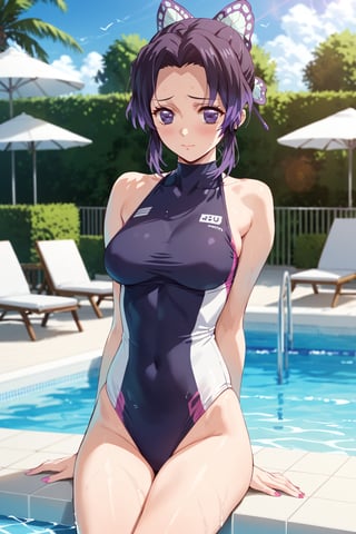 swimsuit ,  in public SWIMMING pool ,  ( embarrassed , shy   ) ,  
BREAK , 
score_9, score_8_up, score_7_up, score_6, score_5, score_4, ( masterpiece , ultra Detailed  ) , 
shinobu , Black and purple hair , 