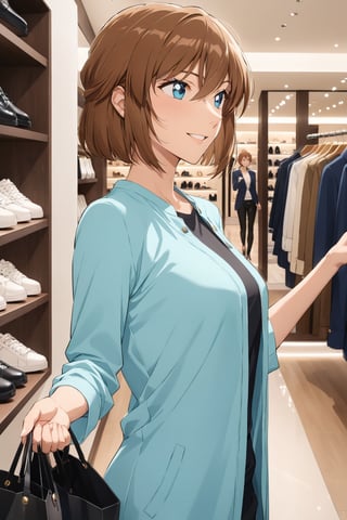 enjoy shopping ,  selecting , picking up a nice good , casual Clothing   ,  diamond cut open Clothing ,   ( feeling good , delighted   : 1.0) ,    in luxury shop    ,   side view,   ( masterpiece , ultra Detailed , ultra Detaild Clothing    )     ,   
shellyai , miyano shiho  , 
brown hair, hair between eyes,  blue eyes, shiny hair,  short hair, 