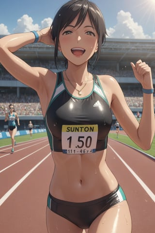 track and field uniform ,marathon , winning run  , (  finishing tape )   , ( sweating ,   happy , delighted  ) , ( suntanlines ) , navel ,shiny material Clothing,   in track and field , sunglasses , ( masterpiece , ultra Detailed  , ultra Detailed  Clothes   ) , 
Tamaki_Iwato  , 