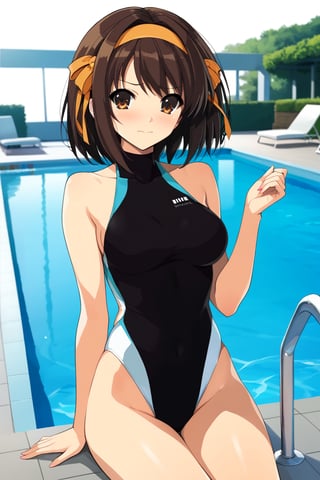 (( high-neck)  competition swimsuit)  ,  on poolside , in resort   , beautiful scenery , halter , 
( embarrassed , shy )   , pastel color , 
BREAK , 
score_9, score_8_up, score_7_up, score_6, score_5, score_4, ( masterpiece , ultra Detailed   , ultra Detailed groin , ) ,
suzumiya_haruhi , brown hair , 