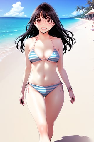 bikini  ,walking ,   smile , 
on beach  ,  resort, in public , others , 
BREAK , 
score_9, score_8_up, score_7_up, score_6, score_5, score_4, ( masterpiece , ultra Detailed  ) , 
jeongsookdef , brown eyes, black hair , long hair , glasses