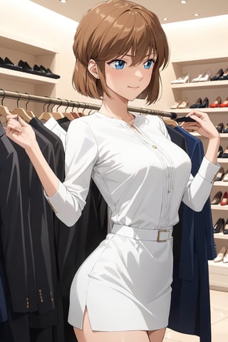 enjoy shopping ,  selecting , picking up a nice good ,  chic  ,   ( feeling good , delighted   : 1.0) ,    in luxury shop    ,   side view,   ( masterpiece , ultra Detailed , ultra Detaild Clothing    )     ,   
shellyai , miyano shiho  , 
brown hair, hair between eyes,  blue eyes, shiny hair,  short hair, 