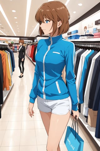 shopping ,  selecting ,    ( feeling good   : 1.0) ,    in shopping mall   ,   side view ,   ( masterpiece , ultra Detailed , ultra Detaild Clothing    )     ,   
shellyai , miyano shiho  , 
brown hair, hair between eyes,  blue eyes, shiny hair,  short hair, 