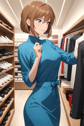 enjoy shopping ,  selecting , picking up a nice good from higher shelf ,    ( feeling good , delighted   : 1.0) ,    in luxury shop    ,   side view,   ( masterpiece , ultra Detailed , ultra Detaild Clothing    )     ,   
shellyai , miyano shiho  , 
brown hair, hair between eyes,  blue eyes, shiny hair,  short hair, 