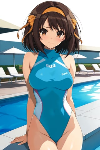 (high-neck competition swimsuit ,  on poolside , in resort )  , beautiful scenery , 
( embarrassed , shy )   , 
BREAK , 
score_9, score_8_up, score_7_up, score_6, score_5, score_4, ( masterpiece , ultra Detailed   , ultra Detailed groin , ) ,
suzumiya_haruhi , brown hair , 