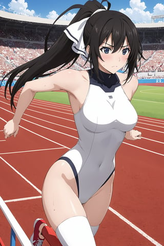 ( hurdler  ,  hurdle running : 1.3 ) , during jumping  , in the high jump    ,  horizontal bar   ,  (  embarrassed , sweating ) , side view ,   in track and field stadium  , ( masterpiece , ultra Detailed  , ultra Detailed  Clothes  ) , 
shinonono houki, purple eyes, black hair, split ponytail, high ponytail, white hair ribbon, long hair, 
white leotard, pilot suit, white thighhighs, turtleneck, halterneck, impossible leotard, impossible clothes