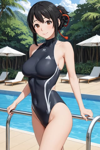 ((  high-neck)  competition Swimsuit : 1.1 )  ,  walking ,  On the pool side , in resort , smile , in public  , ( masterpiece , ultra Detailed       ) , 
mitsuhaai , 
miyamizu mitsuha, black hair, brown eyes, 
