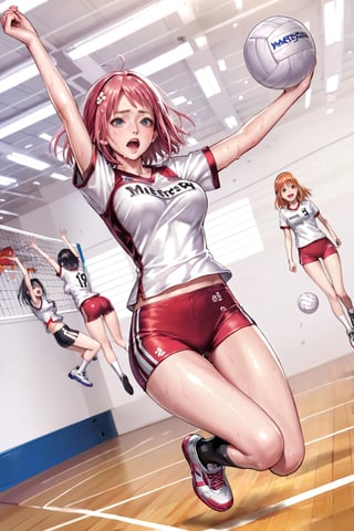 Sakura Haruno , ( attacking  ,  jumping  , in the air : 1.3 ) , volleyball,  volleyball uniform , looking at  ball ,   hard practice ,   (  sweating  , painful face    , exhausted,  ( wheezing )      ) , in a court , national team , in international match    , 
 pink hair , 
BREAK , 
score_9, score_8_up, score_7_up, score_6, score_5, score_4, ( masterpiece , ultra Detailed  ) , 
  milkychu-style , 