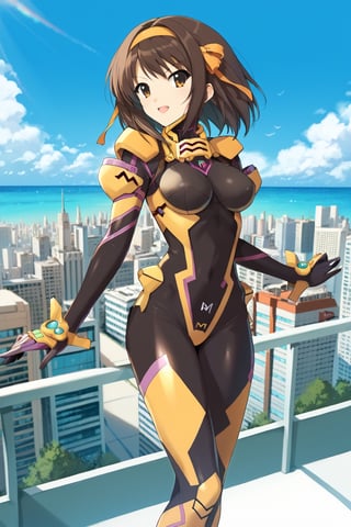 ,( beautiful scenery )   , in city   , in public,  
BREAK , 
score_9, score_8_up, score_7_up, score_6, score_5, score_4, ( masterpiece , ultra Detailed  ) , 
,Fortified Suit ,  Imperial Yellow , 
suzumiya_haruhi ,