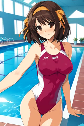 (high-neck competition swimsuit)  ,  on poolside , in resort   , beautiful scenery , 
( embarrassed , shy )   , 
BREAK , 
score_9, score_8_up, score_7_up, score_6, score_5, score_4, ( masterpiece , ultra Detailed   , ultra Detailed groin , ) ,
suzumiya_haruhi , brown hair , 