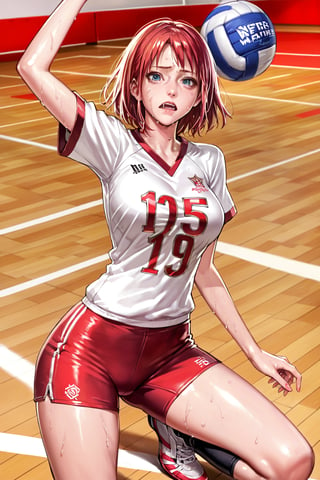 Sakura Haruno , ( attacking : 1.3 ) ,  volleyball,  volleyball uniform ,  hard practice ,   (  sweating  , painful face    , exhausted,  ( wheezing )      ) , in a court , national team , in international match    ,  BREAK , 
score_9, score_8_up, score_7_up, score_6, score_5, score_4, ( masterpiece , ultra Detailed  ) , 
  milkychu-style , 
