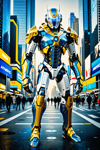 masterpiece, realistic, hyperrealism, ((full body photograph with legs and feet)), android, two yellow eyes, blue and white colored armor, futuristic city, cinematic moviemaker style