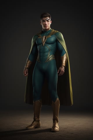 superhero, muscular, bright green cape, six pointed star on chest, yellow energy, glowing eyes, hyper-realism, realistic, masterpiece, intricate details, best quality, highest detail, professional photography, detailed background, depth of field, insane details, intricate, aesthetic, photorealistic, smirk:0.4, (full body shot:1.1), (standing pose:1.1), Award - winning, with Kodak Portra 800, extreme depth of field, Ultra HD, HDR, DTM, 8K