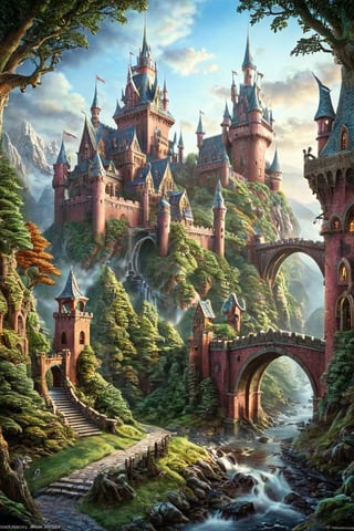a photograph of a large fantasy castle in a mystic forest, large mountains, brick walls, bridge, small pixies, hyper-realism, realistic, masterpiece, intricate details, best quality, highest detail, professional photography, detailed background, depth of field, insane details, intricate, aesthetic, photorealistic, Award - winning, with Kodak Portra 800, extreme depth of field, Ultra HD, HDR, DTM, 