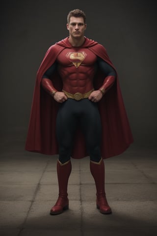 superhero, muscular, red cape, black paints, six pointed star on chest, red energy, hyper-realism, realistic, masterpiece, intricate details, best quality, highest detail, professional photography, detailed background, depth of field, insane details, intricate, aesthetic, photorealistic, smirk:0.4, (full body shot:1.1), (standing pose:1.1), Award - winning, with Kodak Portra 800, extreme depth of field, Ultra HD, HDR, DTM, 8K