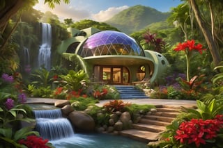 Capture the hyper-realistic essence of a futuristic olive-green dome house with rounded windows and circular entrance nestled amidst lush jungle foliage. Vines bursting with multicolored blooms wrap around the dome, while tropical plants and rocks dot the landscape. A stone walkway leads to a patio area where solar cells harness sunlight. In the background, (((two majestic waterfalls cascade down rocky formations))), surrounded by vibrant red and purple flowers. Amidst this verdant oasis, a stunning rainbow stretches across the sky, reflected in the glassy surface of the waterfalls. Focus on intricate details, capturing every nuance with professional photography quality, achieving Ultra HD resolution with HDR capabilities.