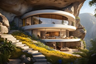 A futuristic cave dwelling rises from the mountainside, its round windows and rectangular door blending seamlessly with the natural surroundings. A balcony juts out, lined with steps that lead up to a verdant landscape of tall trees, ((blue and yellow flowers)), and ((ferns)). The building's brown hue complements the rocky terrain, while the surrounding mountains tower above. The epic scene is bathed in warm sunlight, casting long shadows across the intricate details of the cave house. A masterpiece of hyper-realism, this photorealistic image boasts insane attention to detail, with an ultra-high definition that rivals 8K and HDR.