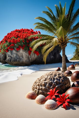 beach, six palm trees, sand, sea shells, large geen bush with red flowers, blue sky, coconuts, large rock, realistic, intricate details, detailed background, depth of field, hyper-realism, realistic, masterpiece, best quality, professional photography, detailed background, depth of field, intricate, aesthetic, photorealistic, Award - winning, with Kodak Portra 800, extreme depth of field, Ultra HD, HDR, DTM, 8K,