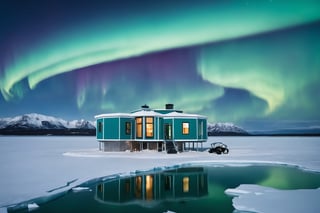 In this breathtaking scene, a modern one story teal colored octagon-shaped house stands tall, its two halves connected by a sturdy joint. The structure is situated in the midst of a frozen Arctic landscape, attached to the house is a green  house for growing fruits and vegetables, the house surrounded by four majestic mountains that stretch towards the sky. The house's square windows and octagonal door are framed by a teal-colored building, while pole lights cast an eerie glow. A frozen lake stretches out before it, reflecting the vibrant hues of the aurora borealis dancing across the horizon. Parked beside the house is a six-wheeled all-terrain vehicle, its futuristic design blending seamlessly with the fantastical surroundings.,Building,House