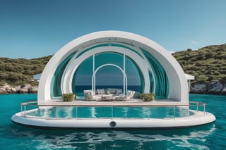 A majestic modern quatrefoil house floating in the middle of the ocean. aqua green color, patio, Round windows, round door frame, boat ramp, hyper-realism, realistic, masterpiece, intricate details, best quality, highest detail, professional photography, detailed background, depth of field, insane details, intricate, aesthetic, photorealistic, extreme depth of field, Ultra HD, HDR, DTM, 8K
