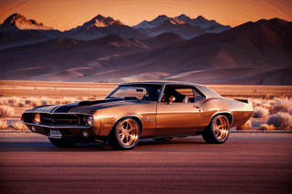 dramatic photo of a us muscle car, arozona landscape, golden hour, realistic
