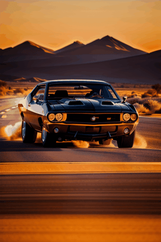 dramatic photo of a us muscle car, arozona landscape, golden hour
