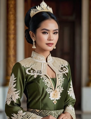 The graceful Queen of the Kingdom of Java, wearing a luxurious kebaya with a classic batik motif, stands with a graceful attitude in a palace full of history, taken with a Sony Alpha 7R IV camera and Sony FE 50mm f/1.8 lens, creating a portrait of the beauty and power of a queen, olive tanned skin, perfect body, javanese race, exotic, volumetric lighting,skswoman