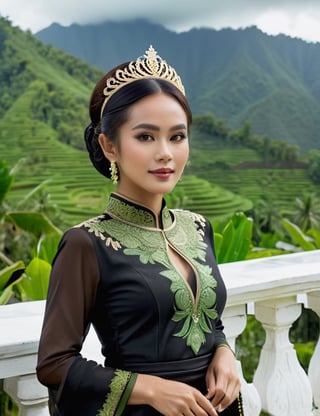 The charming princess of the Javanese Kingdom, is posing on the royal terrace with a backdrop of green mountains, wearing a black kebaya with an attractive design, taken with a Fujifilm X-T4 camera and Fujinon XF 35mm f/1.4 R lens, showing the image of the beauty and elegance of a queen, olive tanned skin, perfect body, javanese race, exotic, volumetric lighting,skswoman