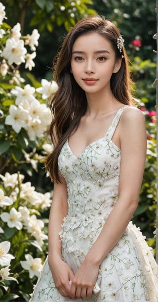 a 21 year old young woman posing confidently in a flower garden. She wore a white sleeveless dress that followed her curves. The camera photographed him from the front, back and side with clear lighting on his face. her beautiful dress and beautiful face became the center of attention.,freya,Angelababy