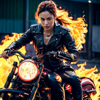A beautiful woman riding a Harley motorbike filled with burning flames, silent, tense, sharp gaze,cwkntik24 