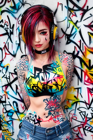 masterpiece, best quality, 1girl, solo, crop top, denim shorts, choker, (graffiti:1.5), paint splatter, arms behind back, against wall, looking at viewer, armband, thigh strap, paint on body, head tilt, bored, multicolored hair, aqua eyes, headset