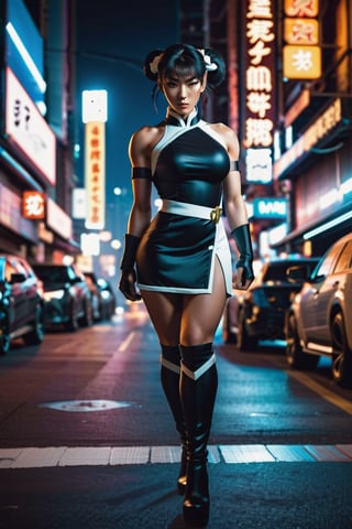 in night city, chun li street fighter character, school black and white cloth dress Asian, in cyberpunk Tokyo city streets, and cyberpunk drive, walking. night, ninja sword in back.