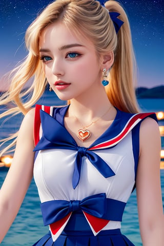 ((Masterpiece)), (Best Quality), (Ultra Detailed), ((Very Detailed)), 4K, (8K), Night, Moonlight, Night, Starry Sky, Clean Sky, White Gloves, Blue Eyes, Multicolored Clothes, Sailor Senseki Uniform, Multicolored Skirt, Hair Accessory, Red Bow, Brooch, Brooch, Earrings, Crescent, Heart Necklace, Heart,,Sailor Moon, Long Blonde Hair, Double Ponytail, Sailor Moon Aesthetics, Dream Core,