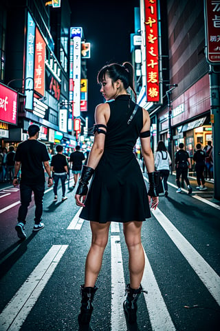 in night city, chun li street fighter character, school black and white cloth dress Asian, in cyberpunk Tokyo city streets, and cyberpunk drive, walking. night, ninja sword in back.