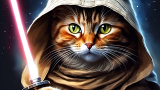 (cat:1.3), a master jedi cat, star wars, holding lightsaber, wearing a jedi cloak hood, photorealistic,cat,oil paint